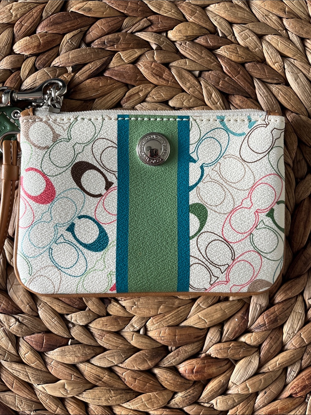 Coach Multicolor Signature Wristlet with Green and Teal Stripe